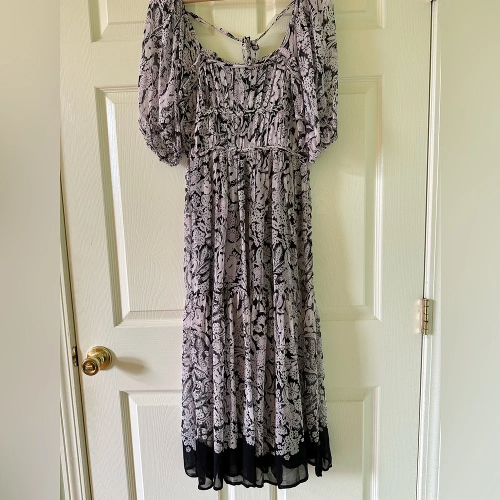 👗🌟Anthropologie Square Neck Smocked Midi Dress Boho Floral Black White XS 0 2 - Picture 11 of 12